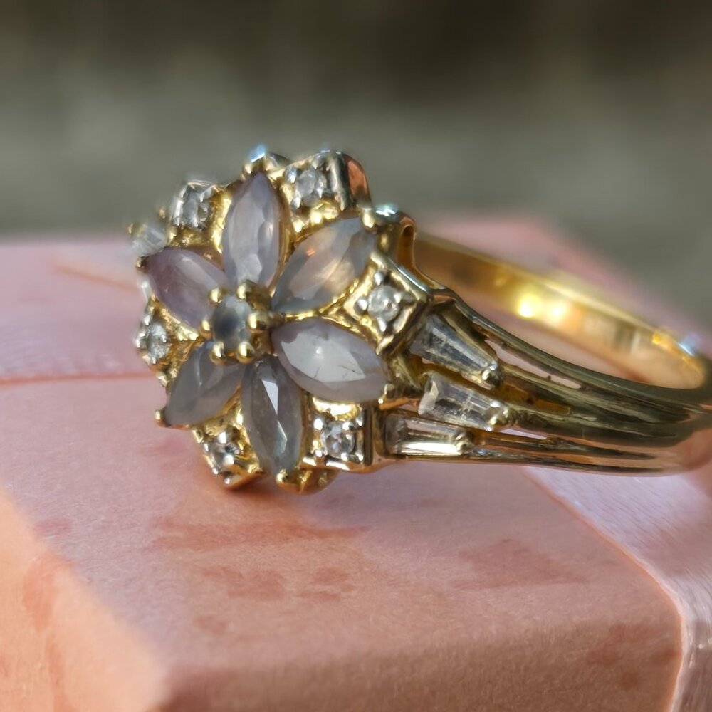 Grey Labradorite Flower Ring, 925 silver, size 10
